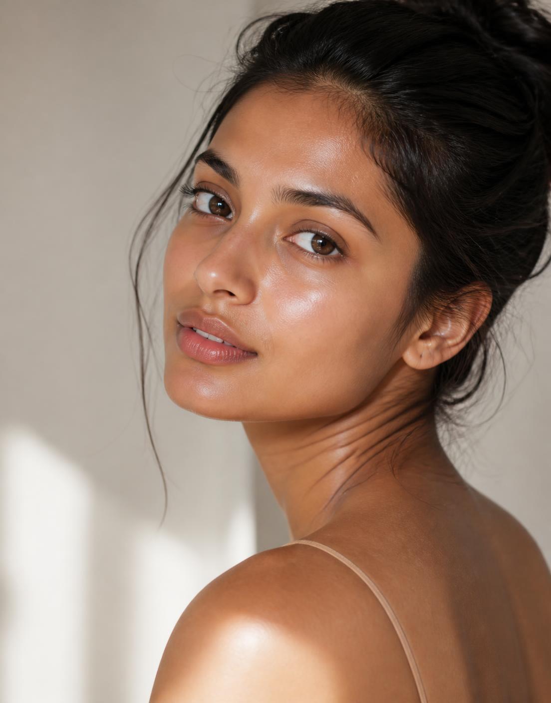 Close-up of a woman with clear, glowing, healthy skin